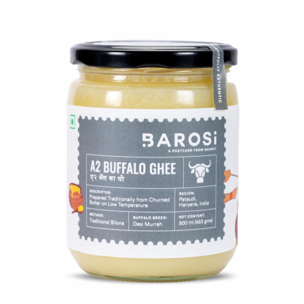 Barosi A2 Buffalo Ghee 500 ml, Produced from Desi Murrah Buffaloes, Aromatic and Pure, Bilona method, Sustainable Glass Packaging