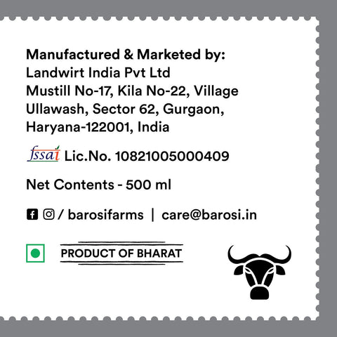 Barosi A2 Buffalo Ghee 500 ml, Produced from Desi Murrah Buffaloes, Aromatic and Pure, Bilona method, Sustainable Glass Packaging