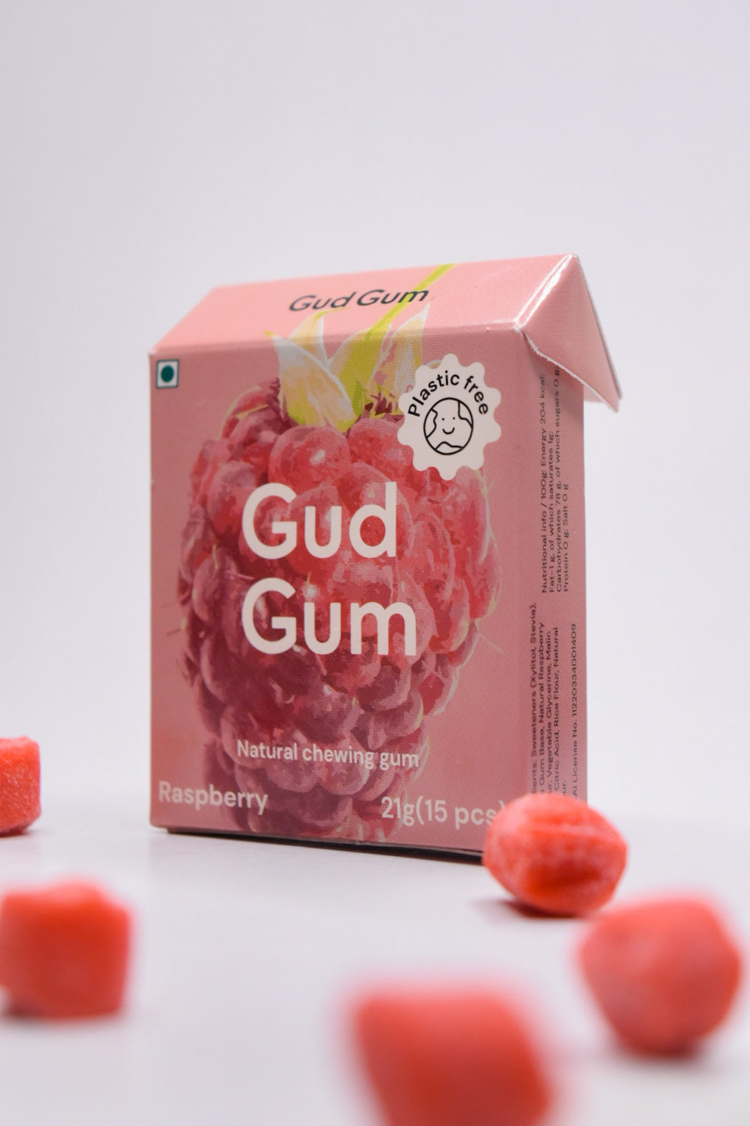 Raspberry Gud Gum- Natural, Plastic Free Chewing Gum- Pack of 4- No added artificial colours, flavours & sweeteners - 21g x 4 (Raspberry)