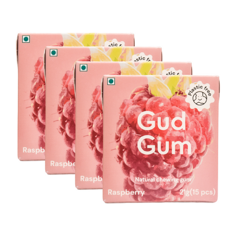 Raspberry Gud Gum- Natural, Plastic Free Chewing Gum- Pack of 4- No added artificial colours, flavours & sweeteners - 21g x 4 (Raspberry)