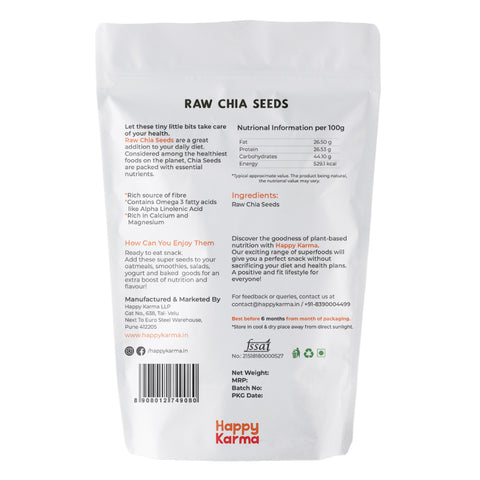 Happy Karma Chia Seeds 150g | Raw Chia Seeds for Eating | Diet Food and Healthy Snacks | Rich in Omega 3 | Weight loss.
