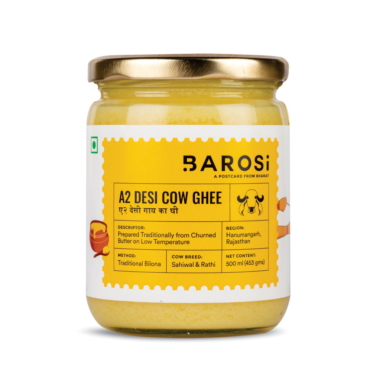 Barosi A2 Desi Cow Ghee 500 ml, Produced from Grass fed Desi Cow Milk, Aromatic and Pure, Bilona method, Sustainable Glass Packaging