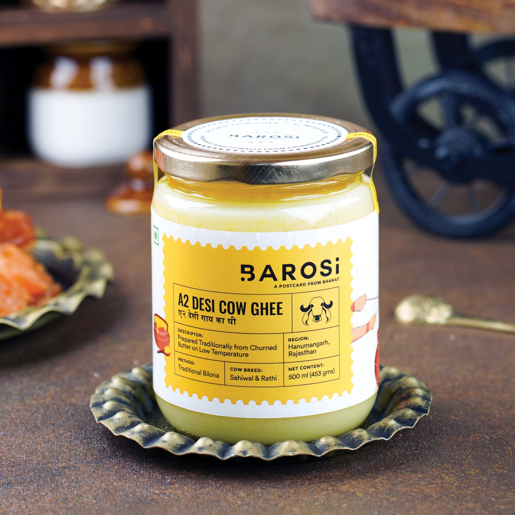 Barosi A2 Desi Cow Ghee 500 ml, Produced from Grass fed Desi Cow Milk, Aromatic and Pure, Bilona method, Sustainable Glass Packaging