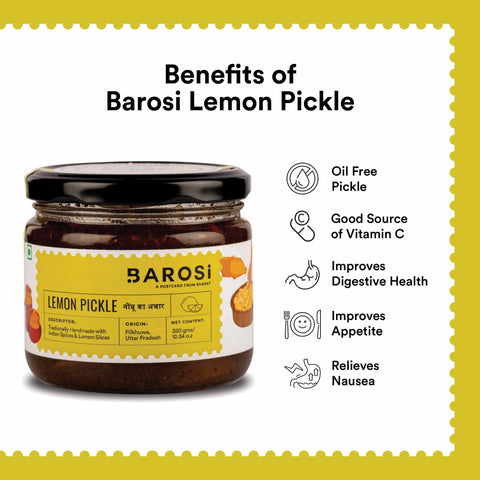 Barosi Lemon Pickle 350 gm, Authentic, Traditional & Handcrafted, Sustainable Glass packaging