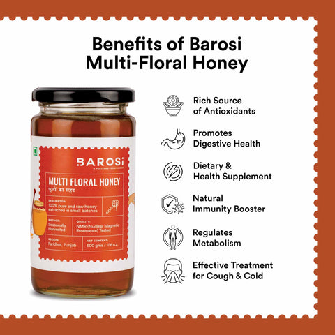 Barosi Multi Floral Honey 500 gm, NMR Tested, Pure and Raw Immunity Booster, Natural Forest Source, Sustainable Glass Packaging