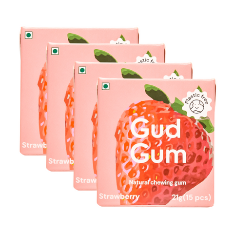 Strawberry Gud Gum- Natural, Plastic Free Chewing Gum- Pack of 4- No added artificial colours, flavours & sweeteners - 21g x 4 (Strawberry)