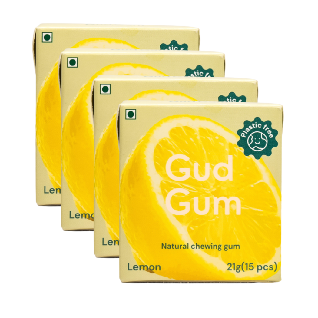 Lemon Gud Gum- Natural, Plastic Free Chewing Gum- Pack of 4- No added artificial colours, flavours & sweeteners - 21g x 4 (Lemon)