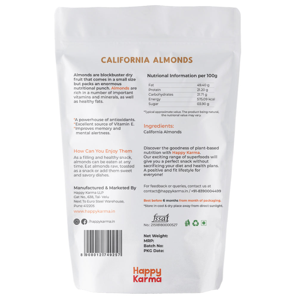 Happy Karma California Almonds 100g*2 | Badam | Organic Dry fruits | 100% natural | Antioxidants | Rich in vitamin E |